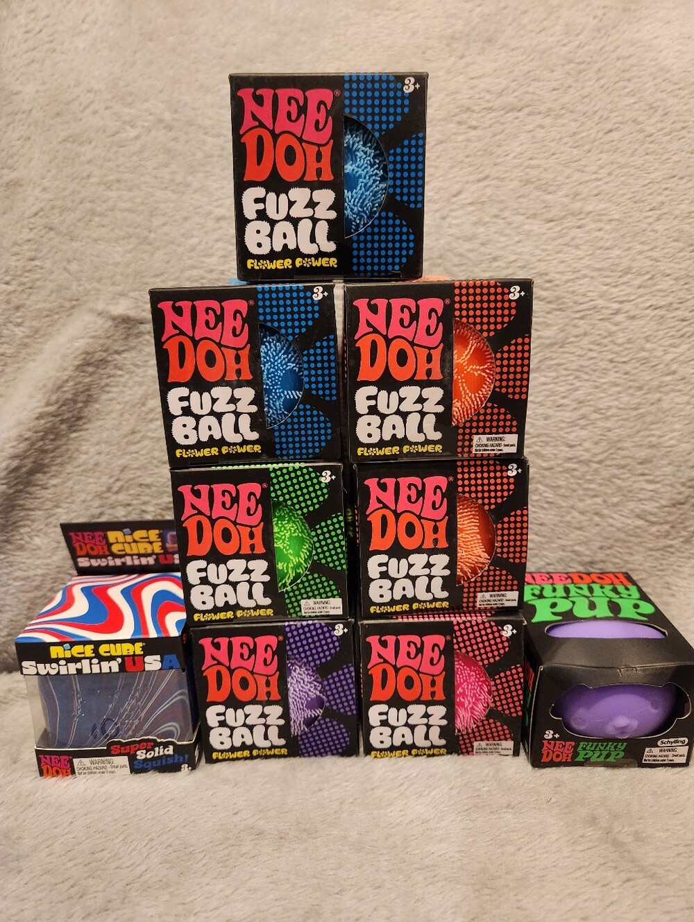 Nee Doh Lot of 9 Squeeze Toys: Fuzz Ball FP, Nice Cube Swirlin Usa and Funky Pup